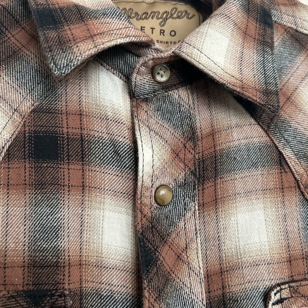 Wrangler Retro Western Shirt Men's M – Brown Plaid, Pearl Snap Buttons, Cotton - Picture 6 of 14